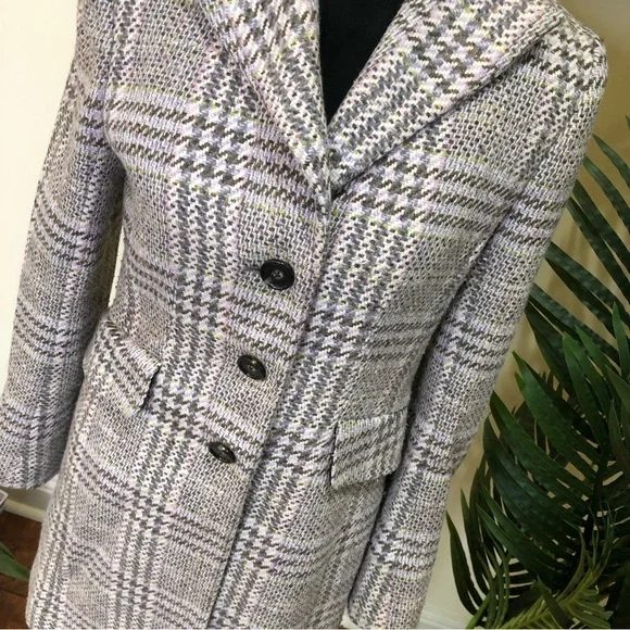 Ann Taylor Plaid Wool Blend Long Coat Gray Green Lavender Ivory 2